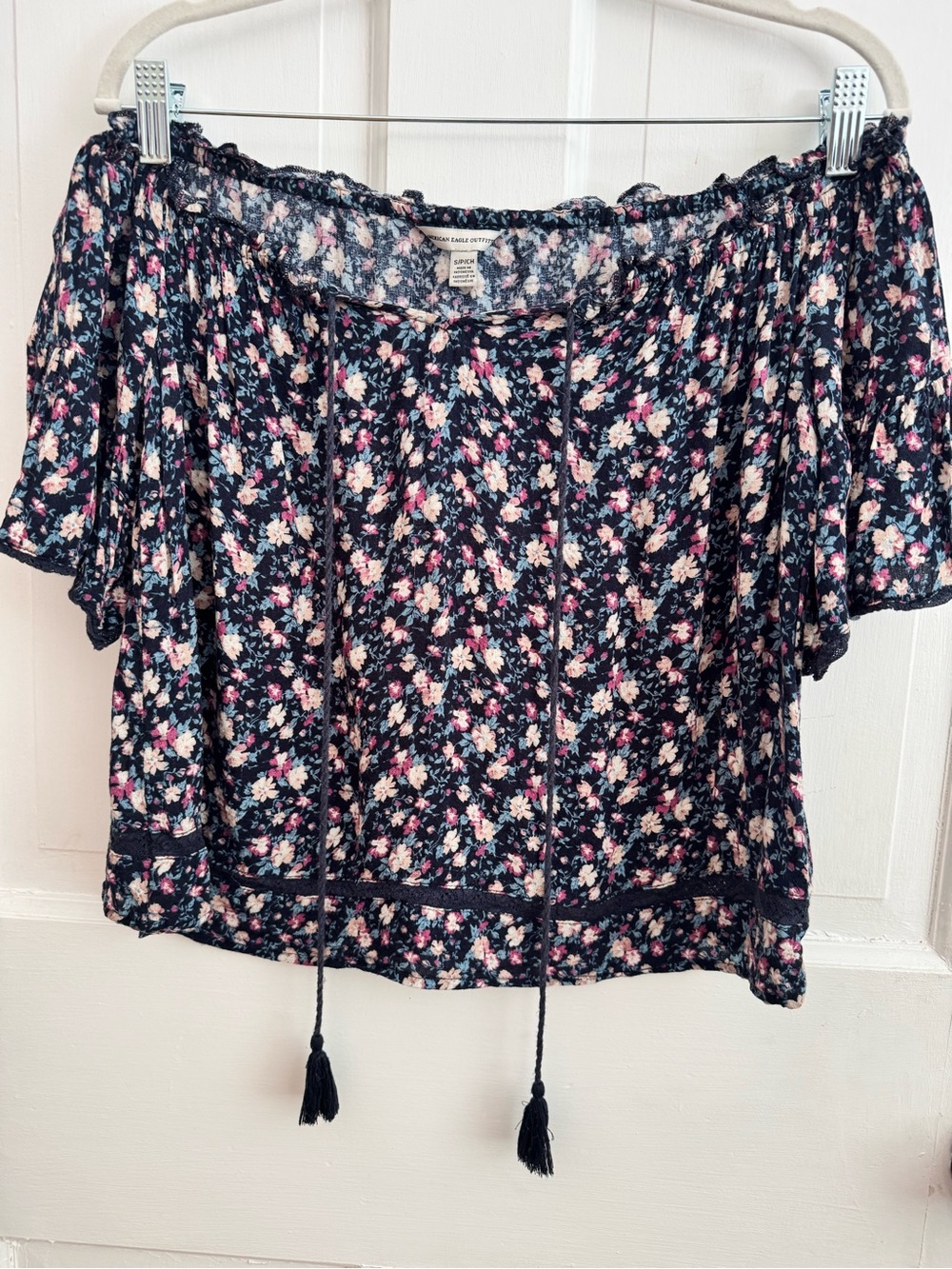 Women’s American Eagle Boho Floral Off-The-Shoulder Top with Tassels, Size Small
